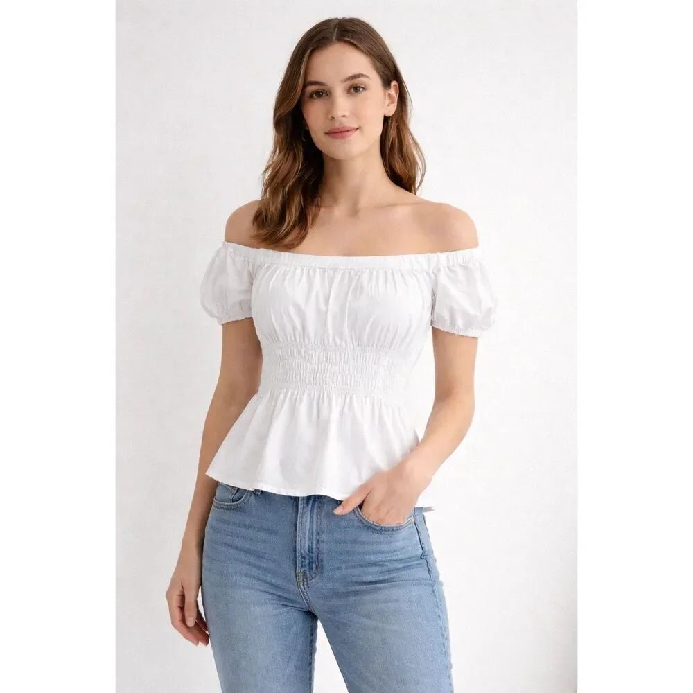 Zara Basic White Off Shoulder Smocked Peasant Top XS Cotton Blend